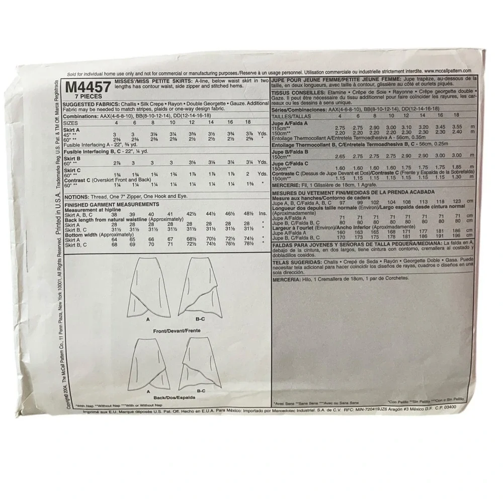 McCALL'S M4457 Misses Skirts Petite Sizes‎ 8-14 Easy Style
